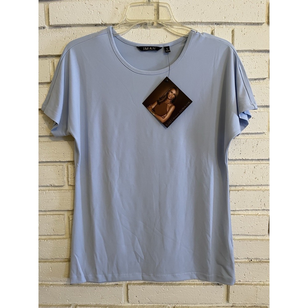 Iman Global CHic Light‎ Blue Short Sleeve Top Tee Size Small  NEW NWT